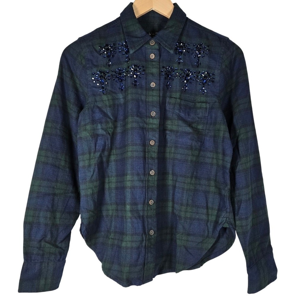 J. Crew Embellished shrunken button-up shirt tartan brushed cotton oxford 4 NWT